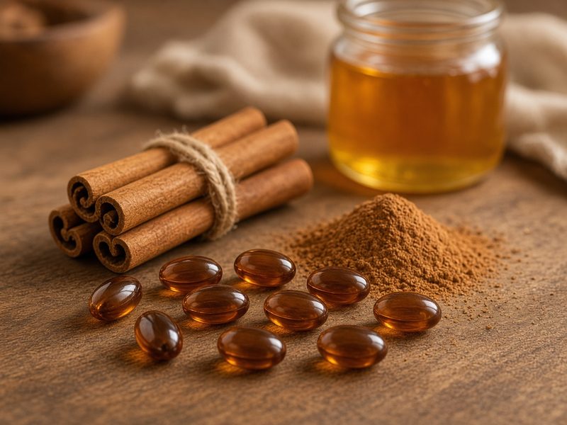 Kaneelia softgels with cinnamon sticks and honey